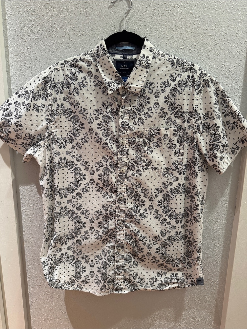 MBX White Short-Sleeve Button-Down Shirt with Black Bandana Print